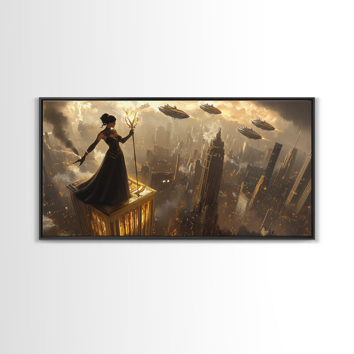 Dark Sorceress On Skyscraper Canvas Print, Fantasy Wall Art, Golden Dystopian City, Gothic Office Decor And Sci Fi Art For Him