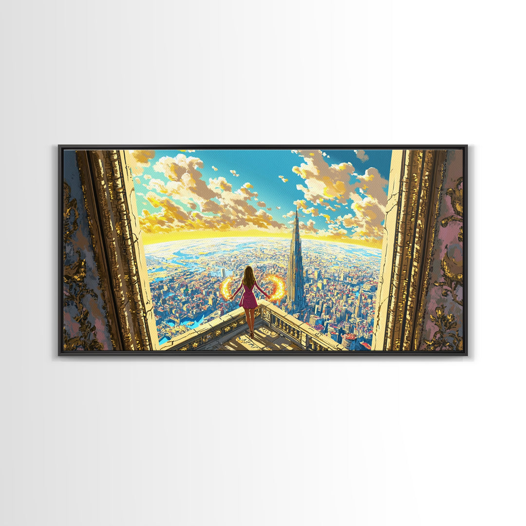 Girl With Fiery Wings Canvas Print, Fantasy Wall Art, Bright Futuristic Cityscape, Magical Bedroom Decor And Heroine Art