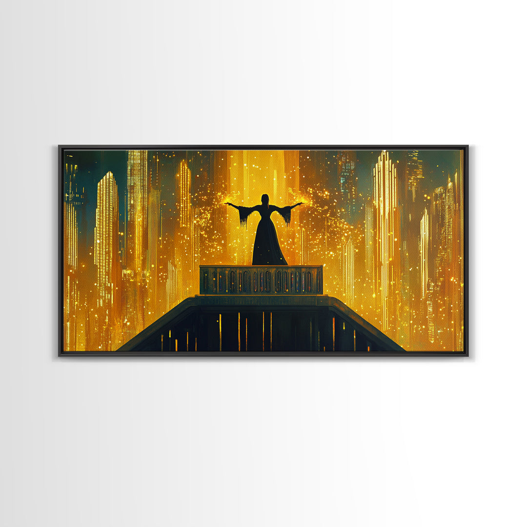 Golden Futuristic City Silhouette Canvas Print, Sci Fi Wall Art, Cyberpunk Skyline Decor, Neon Fantasy Living Room Art Poster