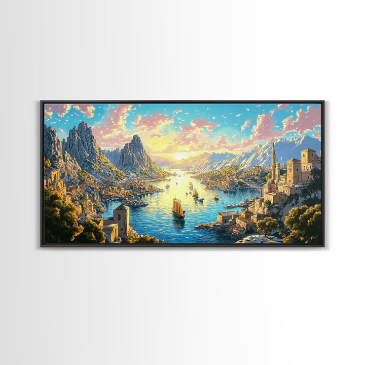 Mediterranean Mountain Harbor Canvas Print, Fantasy Seascape Wall Art, Coastal Village Decor For Living Room And Office Decor