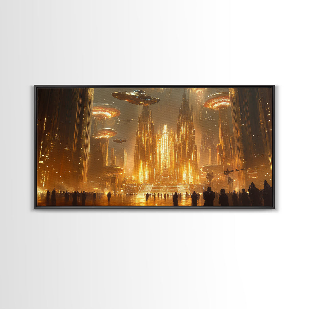 Golden Alien Metropolis Canvas Print, Sci Fi Futuristic City Wall Art, Ufo Fantasy Skyline Decor For Gamer Room And Office