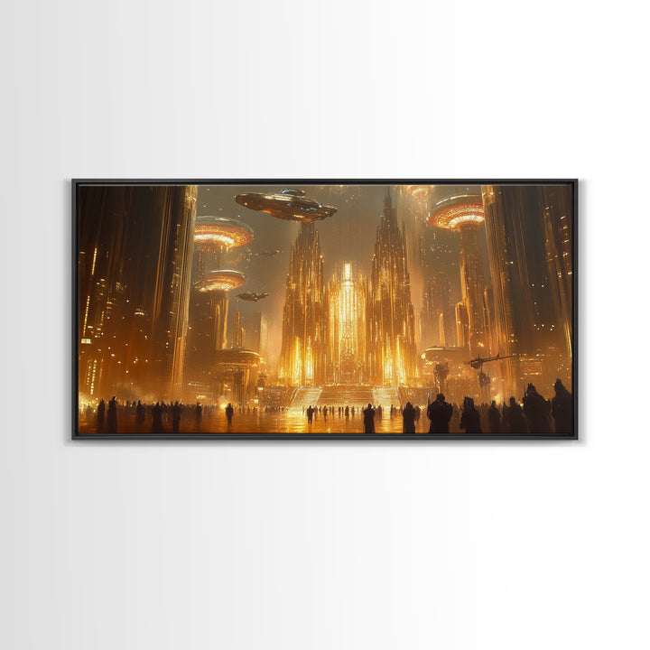 Golden Alien Metropolis Canvas Print, Sci Fi Futuristic City Wall Art, Ufo Fantasy Skyline Decor For Gamer Room And Office