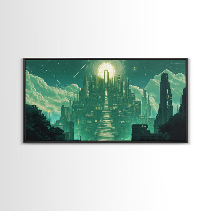 Emerald Celestial Temple Wall Art, Mystical Green City Canvas Print, Sci Fi Fantasy Decor For Meditation Room And Office