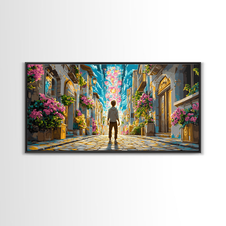 Vibrant Flowered Cobblestone Alley Wall Art, Fantasy Cityscape Canvas, Colorful Travel Poster, Living Room Wall Decor Print