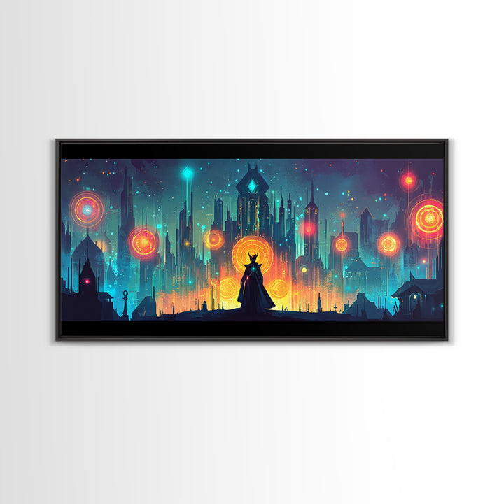 Cloaked Sorceress In Neon Skyline Wall Art, Cyberpunk Fantasy Canvas, Mystical Cityscape, Modern Sci Fi Gamer Room Decor Print