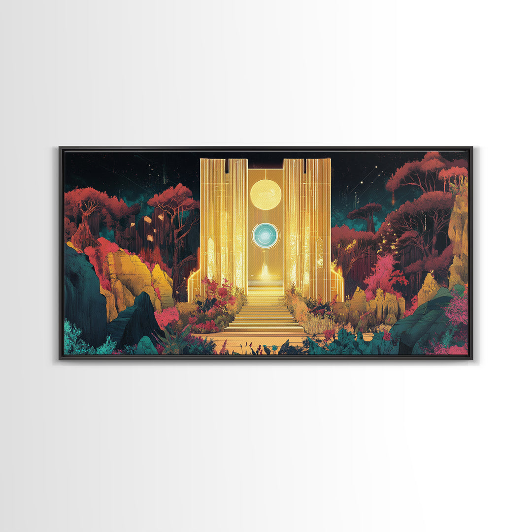Golden Portal Temple In Alien Garden Wall Art, Celestial Fantasy Canvas Print, Mystical Landscape, Statement Art Home Decor