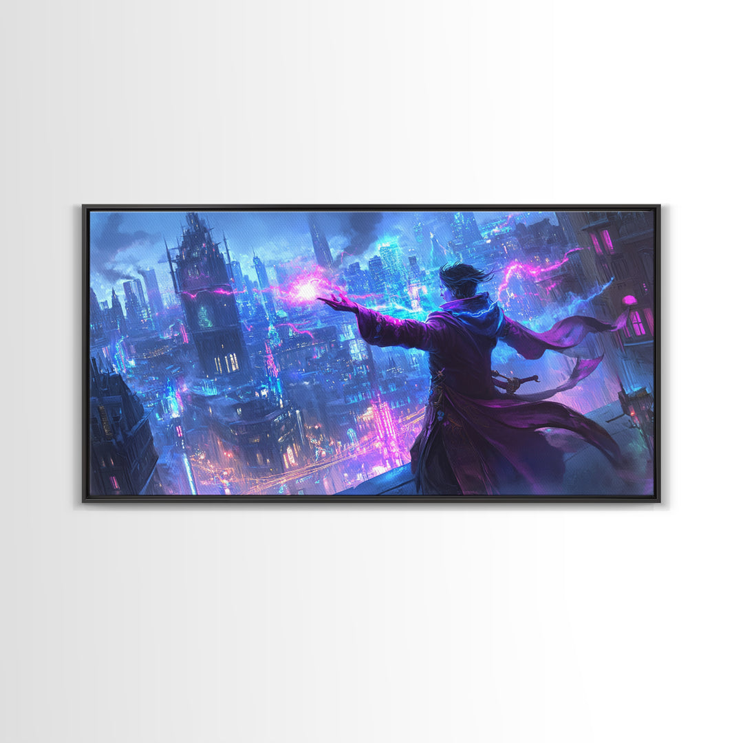 Mage Casting Neon Lightning Over City Wall Art, Cyberpunk Fantasy Canvas Print, Futuristic Skyline, Sci Fi Gamer Room Decor