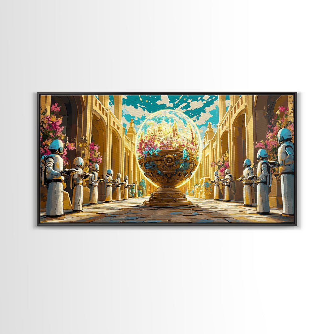 Golden Orb Palace With Futuristic Guards Wall Art, Sci Fi Fantasy Canvas Print, Maximalist Cityscape, Unique Art Home Decor