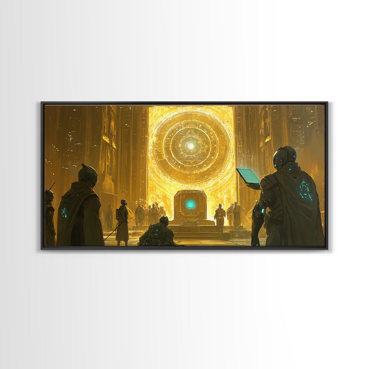 Radiant Cosmic Portal Hall With Astronauts Wall Art, Golden Sci Fi Canvas Print, Futuristic Temple, Celestial Statement Home Decor