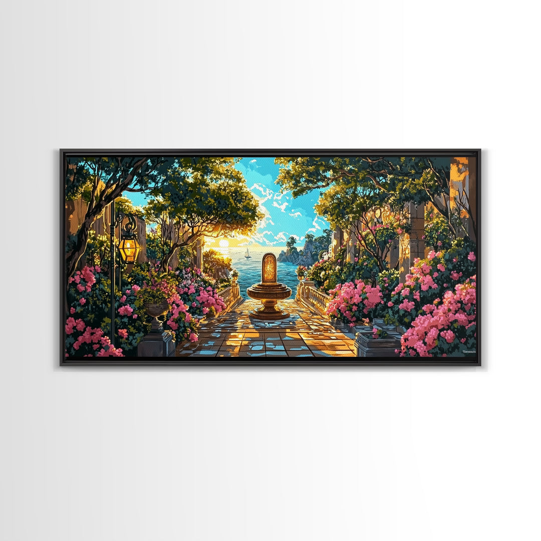 Sunlit Mediterranean Garden Fountain Canvas Print, Coastal Wall Art, Fantasy Landscape Art, Living Room Decor, Housewarming Gift