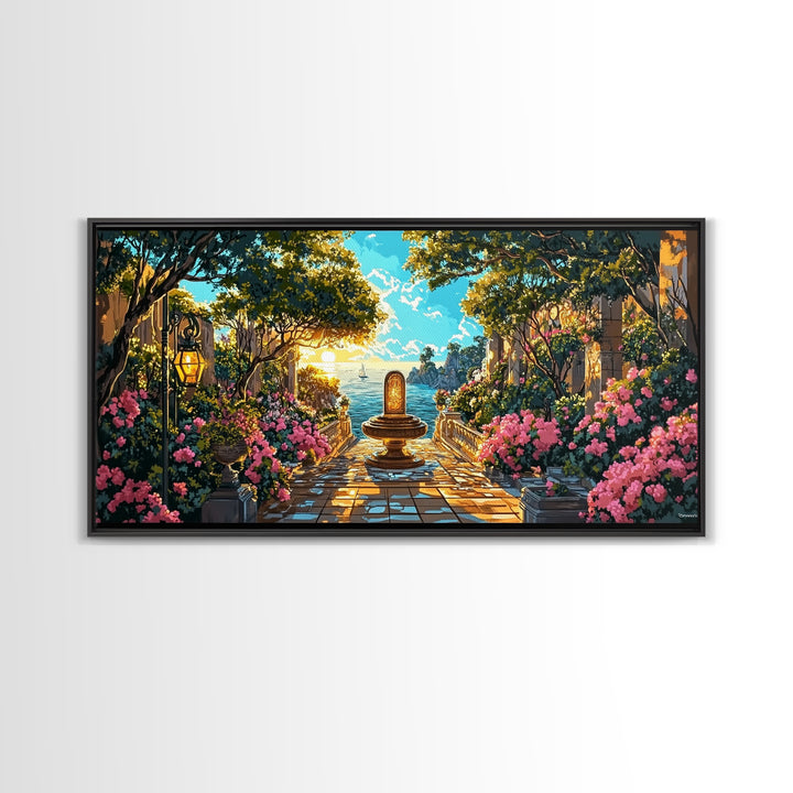 Sunlit Mediterranean Garden Fountain Canvas Print, Coastal Wall Art, Fantasy Landscape Art, Living Room Decor, Housewarming Gift