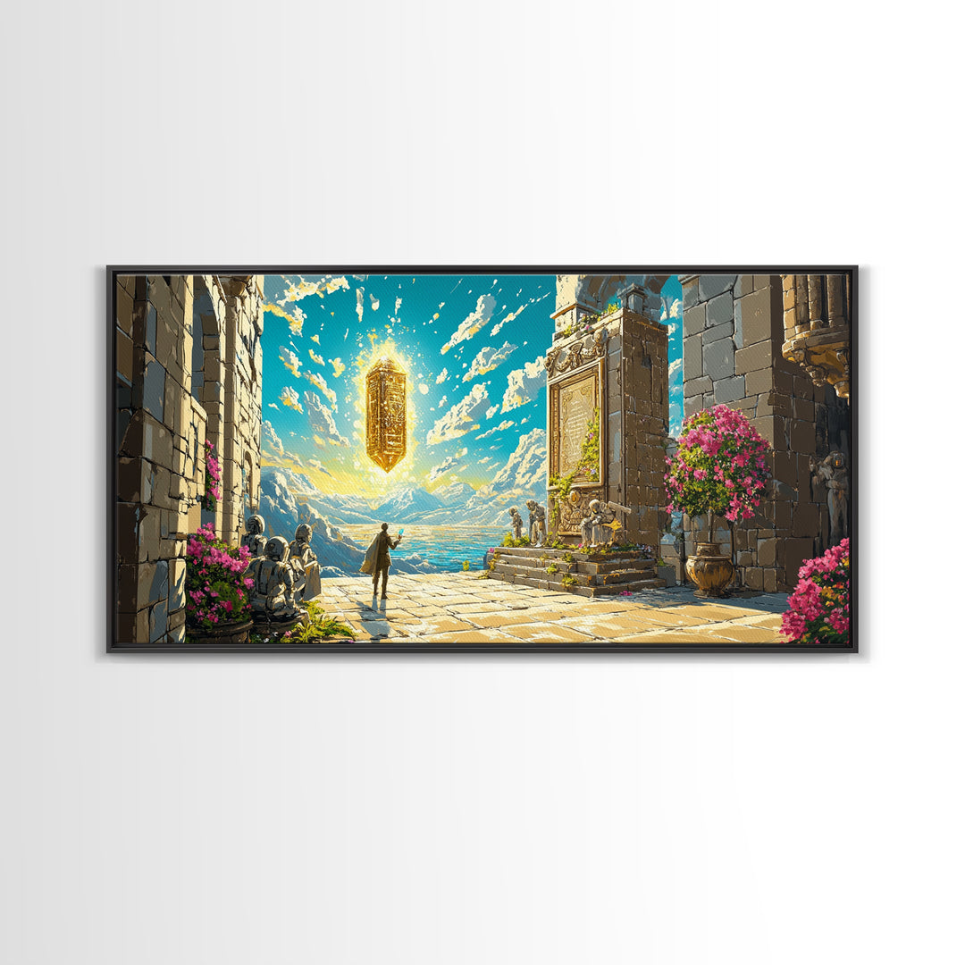 Ancient Seaside Temple Portal Framed Canvas Print, Fantasy Wall Art, Mountain Landscape Art, Living Room Decor, Unique Gift