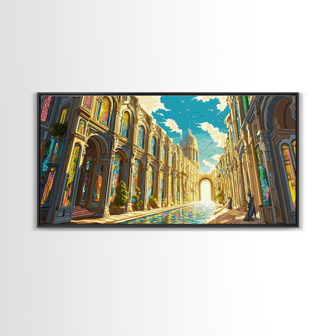 Ornate Sunlit Palace Canal Framed Canvas Print, European Wall Art, Fantasy Architecture Art, Living Room Decor, Large Wall Art