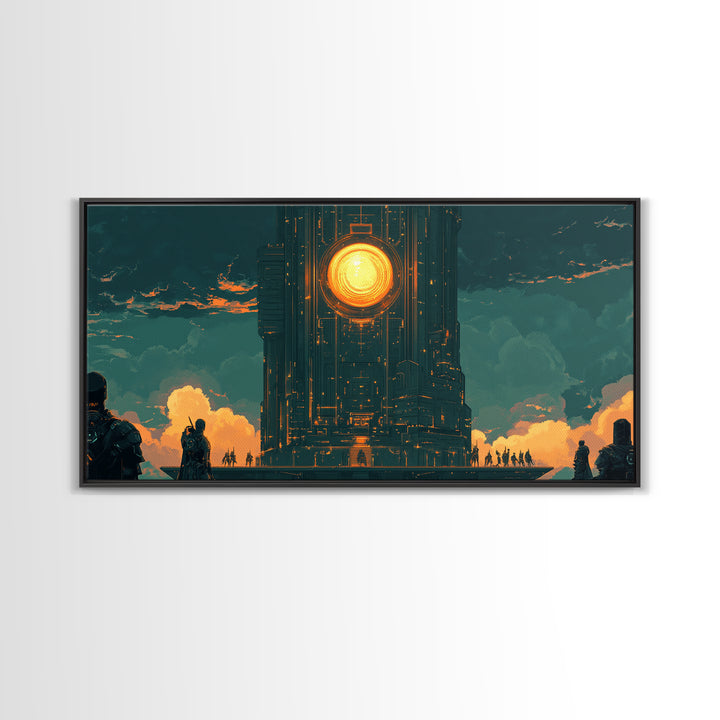 Dark Monolithic Sun Portal Framed Canvas Print, Sci Fi Wall Art, Futuristic Decor, Moody Office Art, Masculine Wall Decor