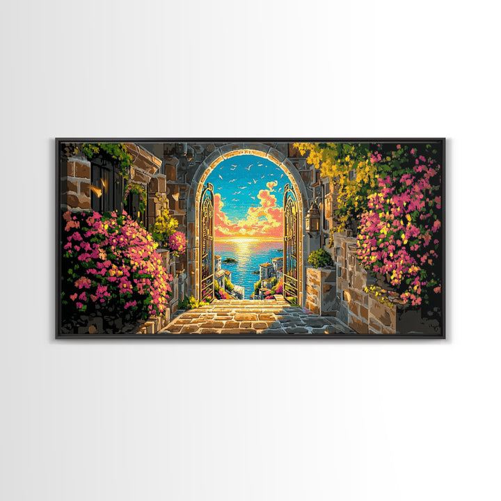 Mediterranean Stone Arch Ocean View Canvas Print, Coastal Wall Art, Seascape Art, Beach House Decor, Living Room Decor, Housewarming Gift