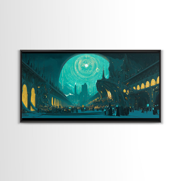 Teal Gothic Moonlit City Canvas Print, Sci Fi Wall Art, Celestial Decor, Futuristic Living Room Decor, Statement Artwork Gift