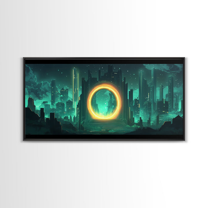 Emerald Futuristic City Ring Portal Canvas Print, Sci Fi Wall Art, Cyberpunk Decor, Modern Office Decor, Statement Gift For Him