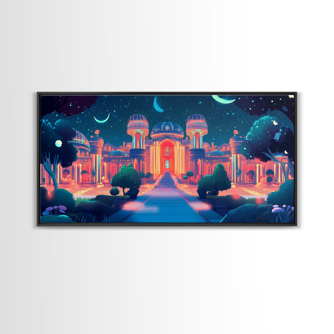 Neon Celestial Palace Under Crescent Moons Wall Art, Fantasy City Canvas Print, Maximalist Decor, Bedroom Wall Decor Gift