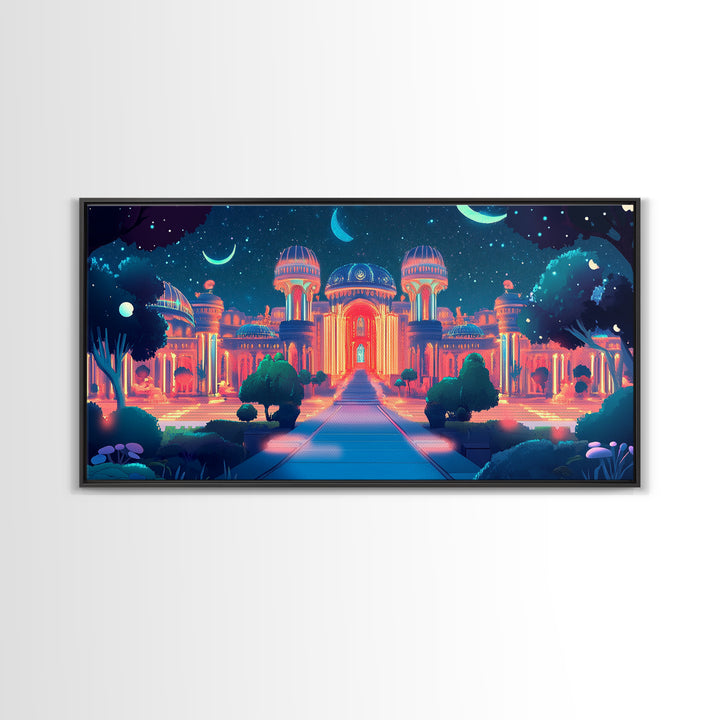 Neon Celestial Palace Under Crescent Moons Wall Art, Fantasy City Canvas Print, Maximalist Decor, Bedroom Wall Decor Gift