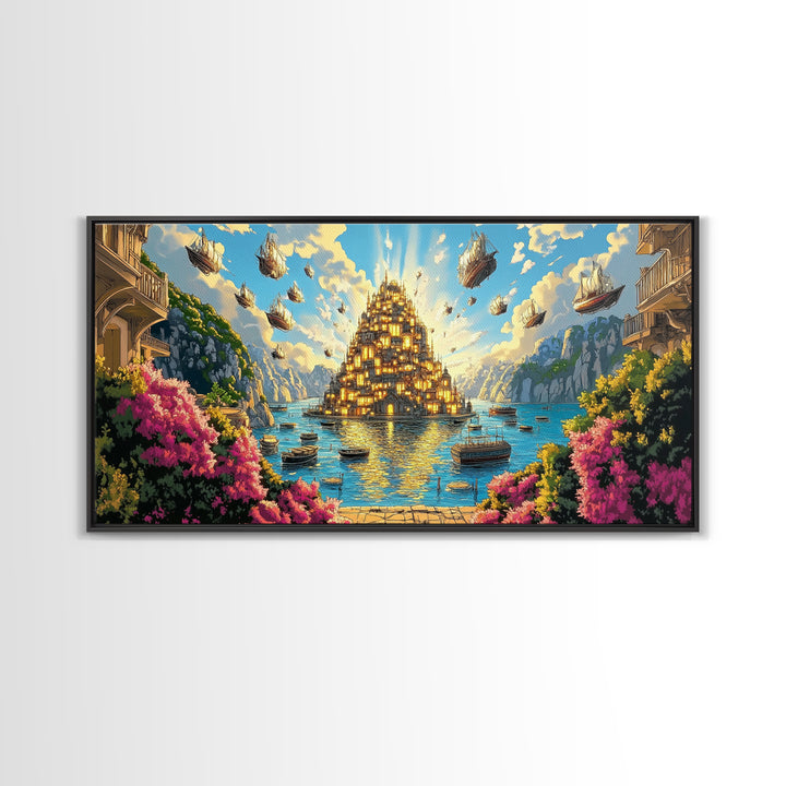 Golden Floating Island City Over Turquoise Sea Wall Art, Fantasy Landscape Canvas Print, Coastal Decor, Travel Poster Gift