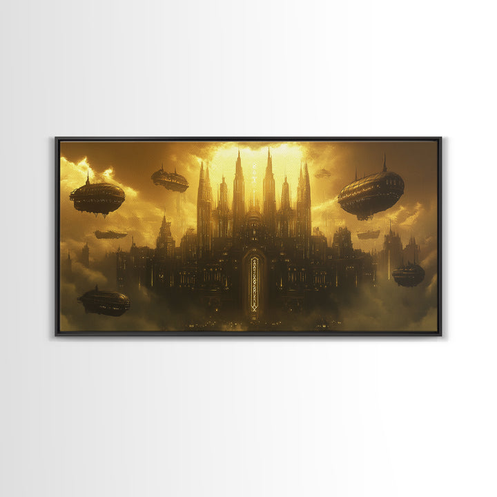 Dark Golden Sky Cathedral With Airships Wall Art, Gothic Fantasy Canvas Print, Moody Office Decor, Steampunk Home Decor Gift