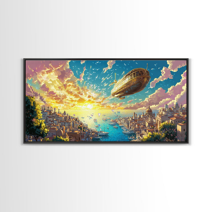 Sunset Harbor City With Golden Airship Wall Art, Mediterranean Canvas Print, Travel Poster, Coastal Living Room Decor Gift