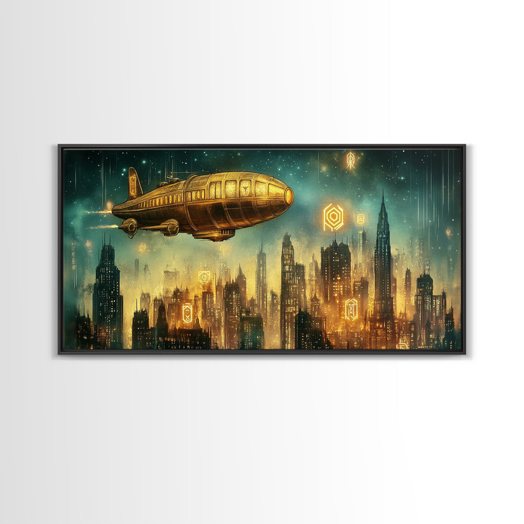 Golden Retro Airship Above Futuristic City Wall Art, Sci Fi Canvas Print, Cyberpunk Decor, Modern Office Wall Art Gift For Him