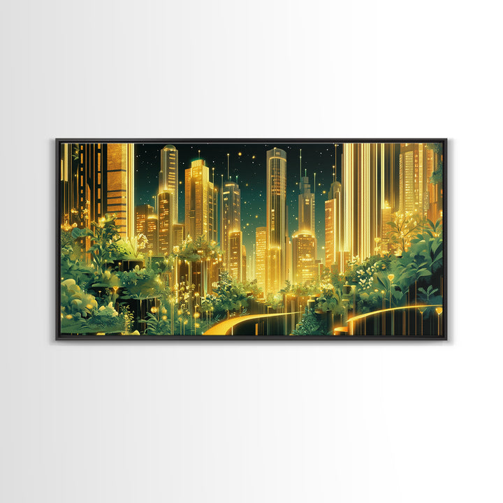 Luminous Garden Skyline In Golden Futuristic City Wall Art, Modern Canvas Print, Green Wall Decor, Home Office Decor Gift