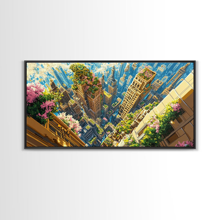 Aerial Skyscraper Gardens And Flowered Balconies Wall Art, Modern City Canvas Print, Urban Home Decor, Large Wall Art Gift