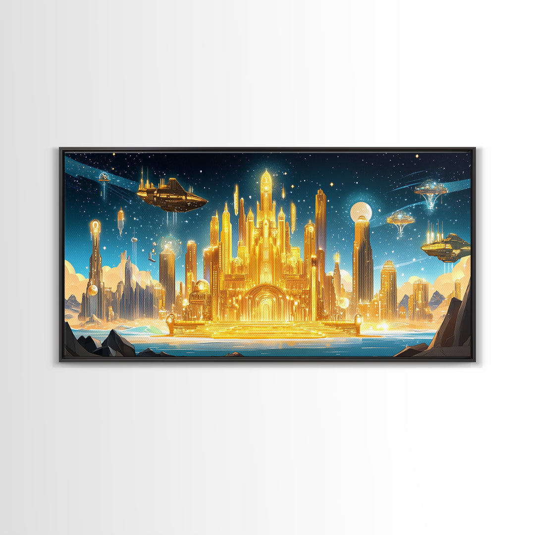 Radiant Golden Sci Fi Citadel Beneath Moonlit Sky Wall Art, Futuristic Canvas Print, Space Decor, Statement Wall Art Gift