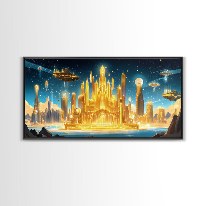 Radiant Golden Sci Fi Citadel Beneath Moonlit Sky Wall Art, Futuristic Canvas Print, Space Decor, Statement Wall Art Gift