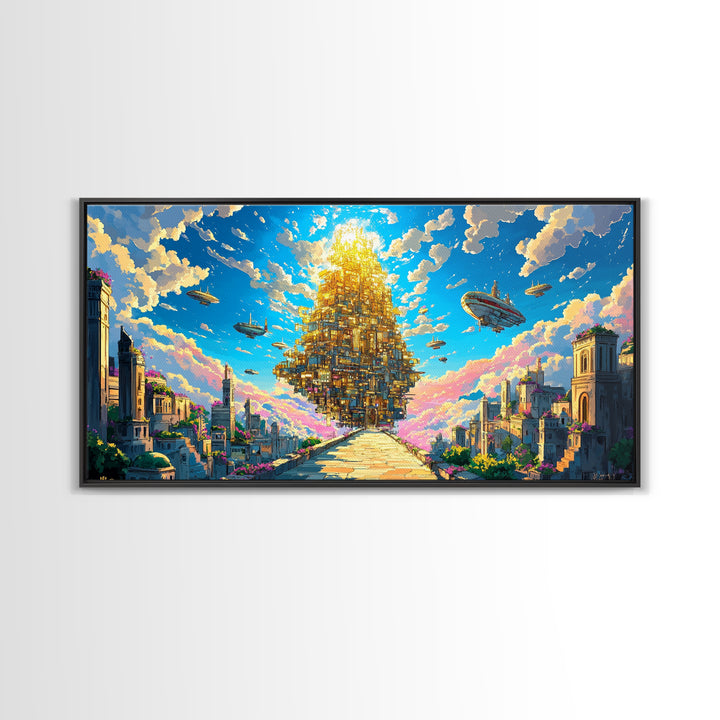 Floating Golden Pyramid City Above Ancient Ruins Wall Art, Fantasy Canvas Print, Surreal Landscape Art, Large Wall Decor