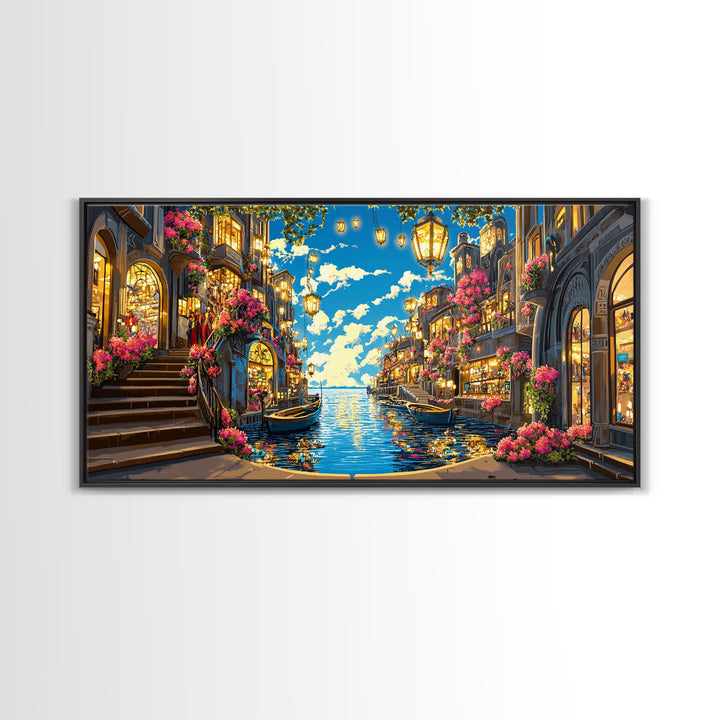 Flower Lined Canal Street With Lanterns Wall Art, Mediterranean Canvas Print, Coastal City Decor, Living Room Wall Art Gift