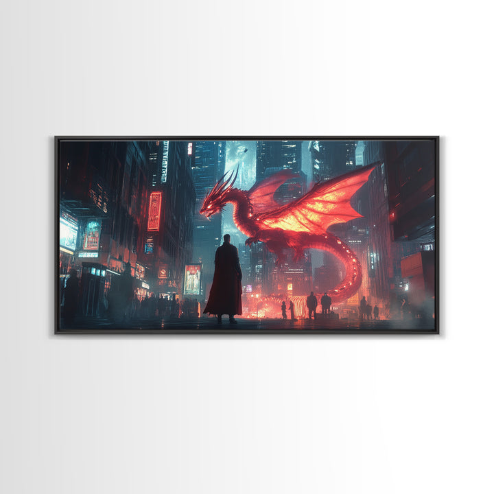 Neon Cyberpunk Dragon City Wall Art, Futuristic Sci Fi Fantasy Poster, Gaming Room Decor, Dystopian Urban Canvas Print Gift