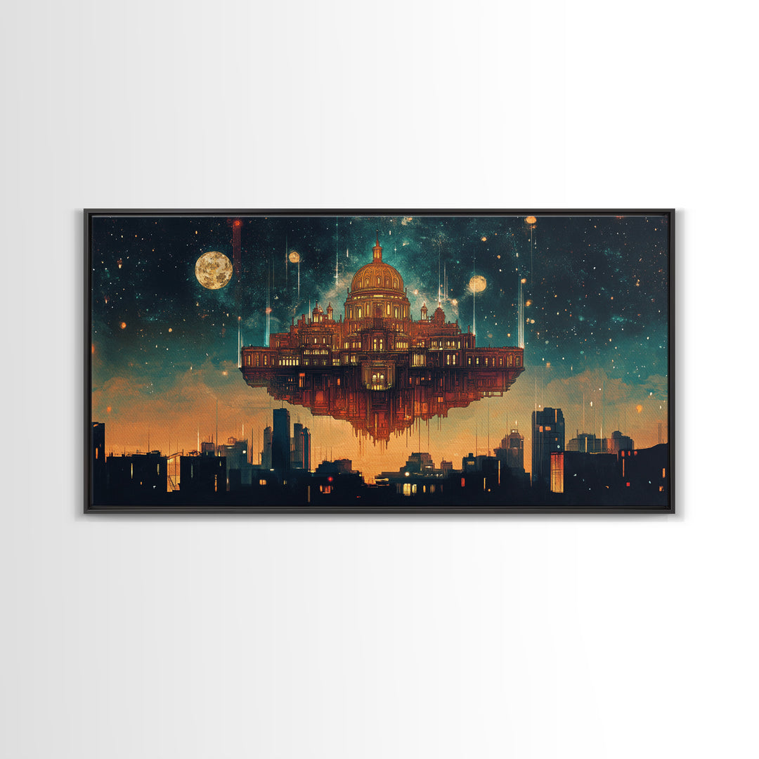 Floating Celestial Palace Wall Art, Starry Futuristic Cityscape, Surreal Architecture Framed Canvas Print, Office Decor Gift