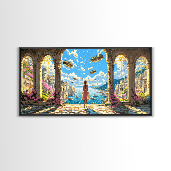 Arched Seaside Portal With Airships Framed Canvas Print, Fantasy Coastal Wall Art, Dreamy Travel Home Decor, Gift For Her