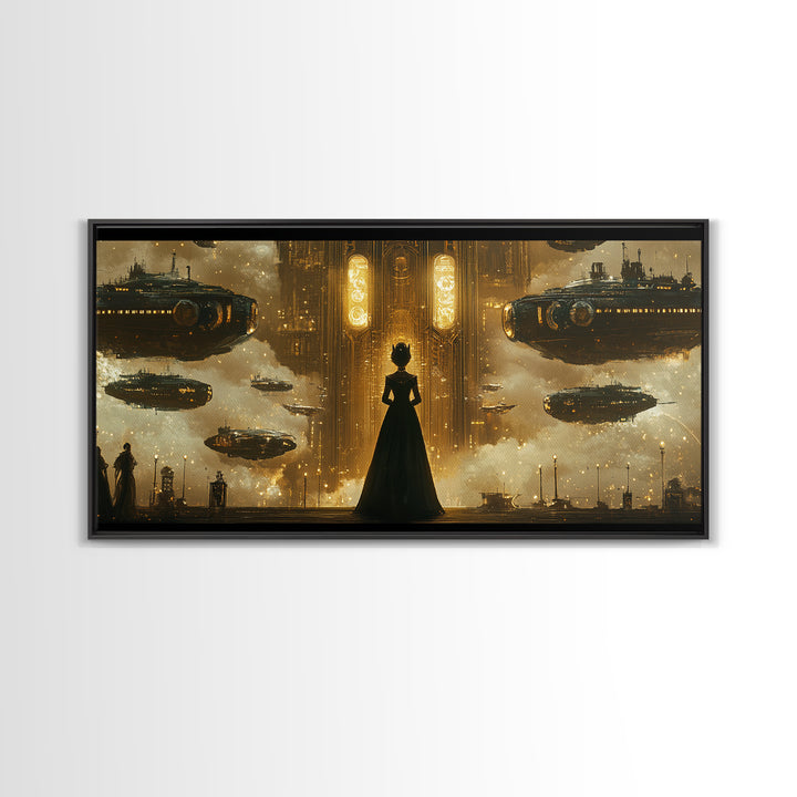 Elegant Woman And Golden Airships Wall Art, Steampunk Fantasy Framed Canvas Print, Dark Academia Decor, Sci Fi Gift For Him