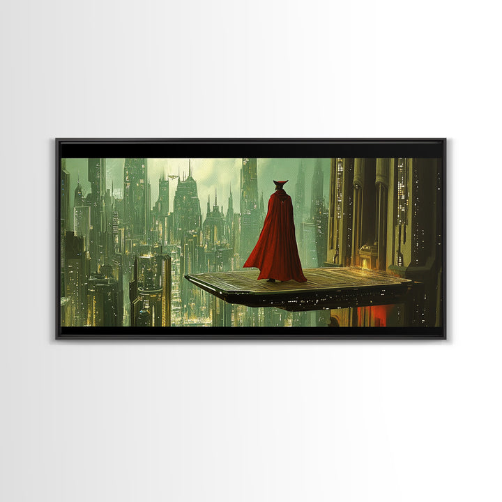 Red Cloaked Figure Above Futuristic City Wall Art, Sci Fi Fantasy Canvas Print, Dystopian Skyline, Modern Office Decor Gift