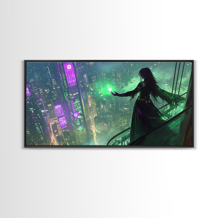 Neon Sorceress Over Cyberpunk Skyline Canvas Print, Futuristic Wall Art, Sci Fi Fantasy Decor, Unique Gaming Room Gift For Her