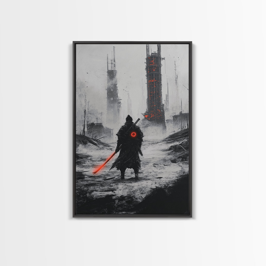 Dark Cyberpunk Warrior In Snowy Dystopian City Wall Art, Sci Fi Fantasy Poster, Futuristic Office Decor, Gamer Room Gift For Him