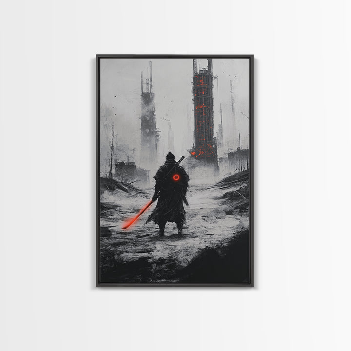Dark Cyberpunk Warrior In Snowy Dystopian City Wall Art, Sci Fi Fantasy Poster, Futuristic Office Decor, Gamer Room Gift For Him