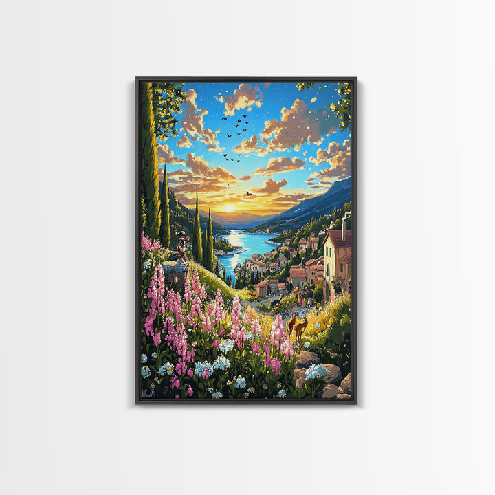 Sunset Lake Como Village With Wildflowers Canvas Print, Italian Landscape Wall Art, Mediterranean Travel Home Decor Gift For Her
