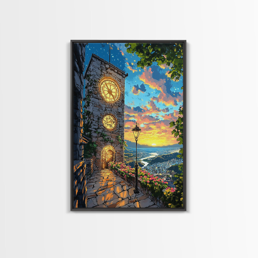Glowing Clock Tower Over Coastal Village Canvas Print, Mediterranean Landscape Wall Art, Italy Travel Poster Home Decor Gift