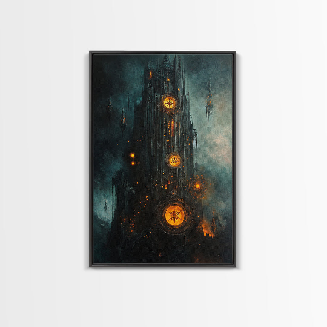 Dark Clockwork Gothic Tower With Glowing Gears Wall Art, Steampunk Fantasy Canvas Print, Moody Industrial Decor Gift For Him