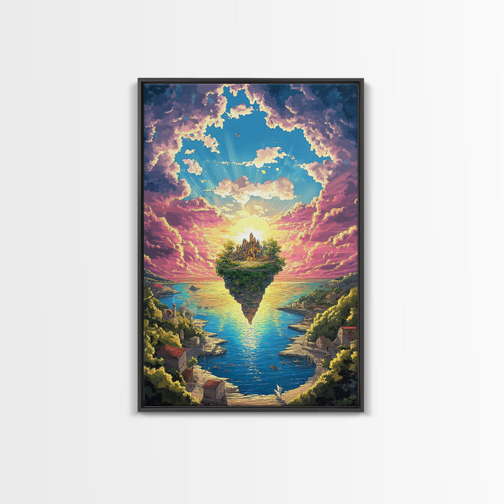 Floating Island Castle At Sunrise, Fantasy Canvas Print, Coastal Landscape Wall Decor, Whimsical Living Room Art Gift Idea