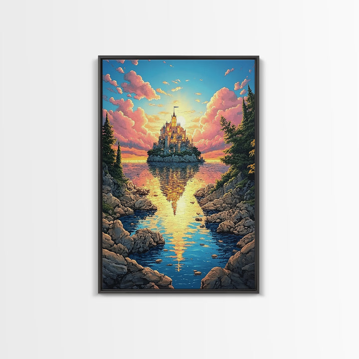 Island Castle Reflected In Cove, Fantasy Wall Art, Colorful Coastal Landscape Canvas Print, Whimsical Home Decor Gift Idea