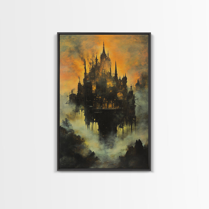 Moody Castle In Golden Mist, Dark Fantasy Framed Canvas Print, Gothic Wall Art, Dark Academia Living Room Decor Gift For Him
