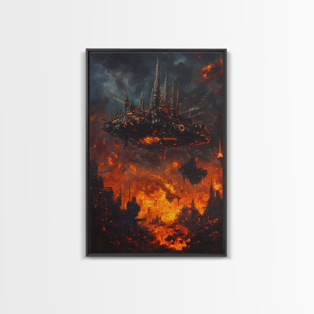 Fiery Dystopian Floating City Framed Canvas Print, Cyberpunk Wall Art, Dark Sci Fi Decor, Apocalyptic Fantasy Art, Poster