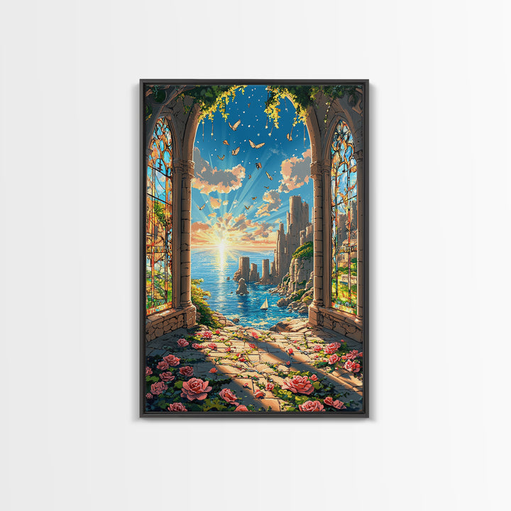 Sunlit Stained Glass Arch Ocean Ruins Framed Canvas Print, Coastal Wall Art, Rose Garden Decor, Fantasy Seascape Art Gift