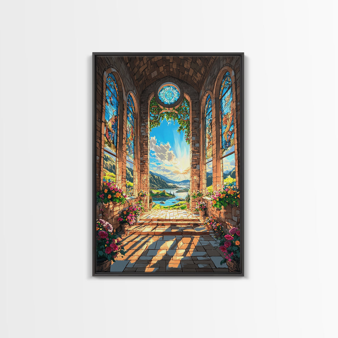 Cathedral Window Lake Vista Framed Canvas Print, Stained Glass Wall Art, Floral Garden Decor, Serene Coastal Landscape Art